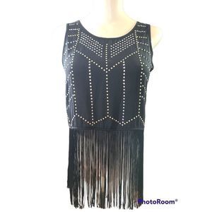 Divided Black Fringe Blouse with Studded Design